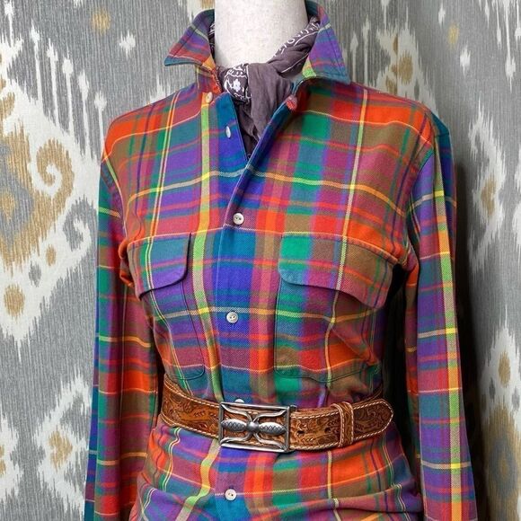 Ralph Lauren Blue Label Tops - Ralph Lauren Bright Jewel-Tone Check Plaid Cotton Flannel Suede Patch Workshirt